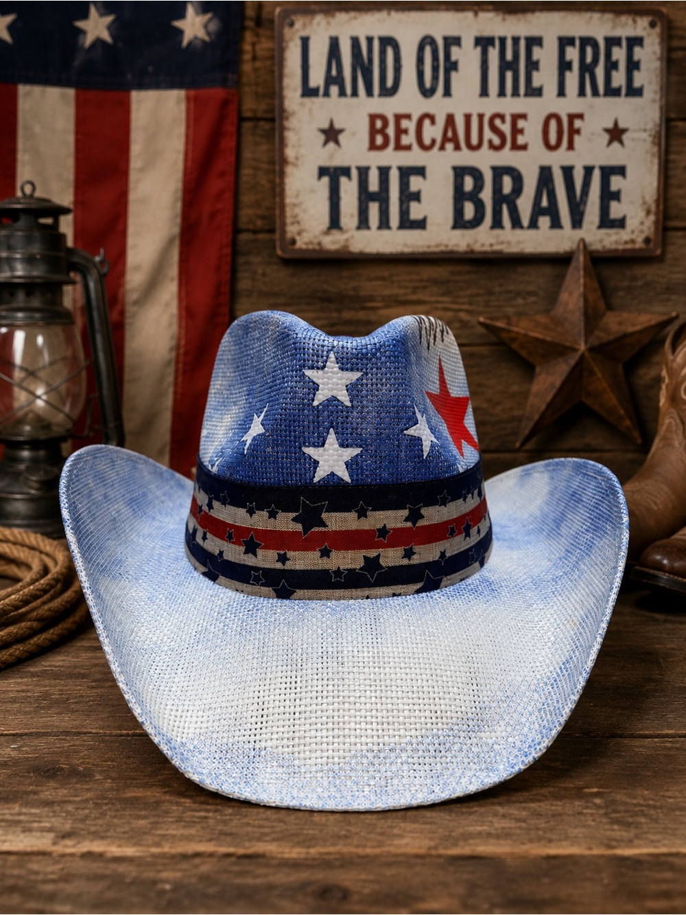 Patriotic Star Print Cowboy Hat - Blue & Red